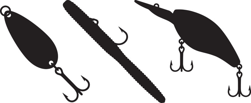 Solid black silhouette of artificial fishing lures and baits vector