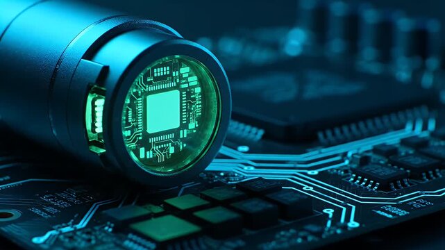 Microchip circuit board with glowing green processor on a dark digital background 3d