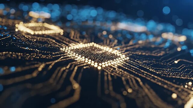 artificial intelligence cpu chip concept with glowing circuits and digital particles