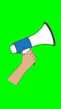 animated motion graphic illustration featuring a hand firmly gripping a megaphone in green screen background