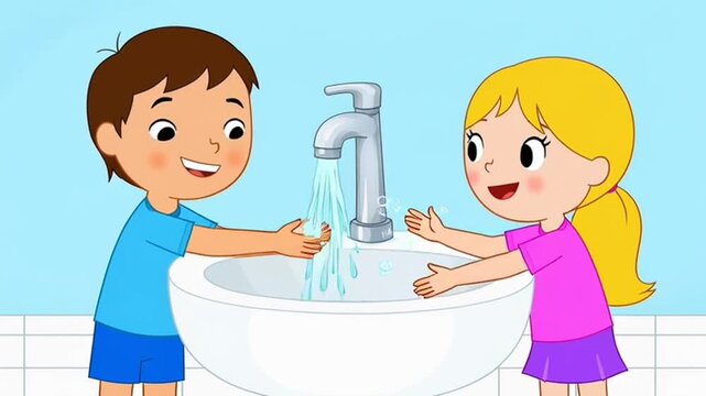Two happy children washing hands in a bathroom sink, promoting hygiene and health in a cartoon style.
