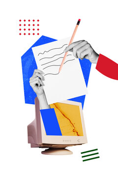 Composite trend artwork sketch image collage of copyspace obsolete computer monitor display sheet paper pen hand write document text novel