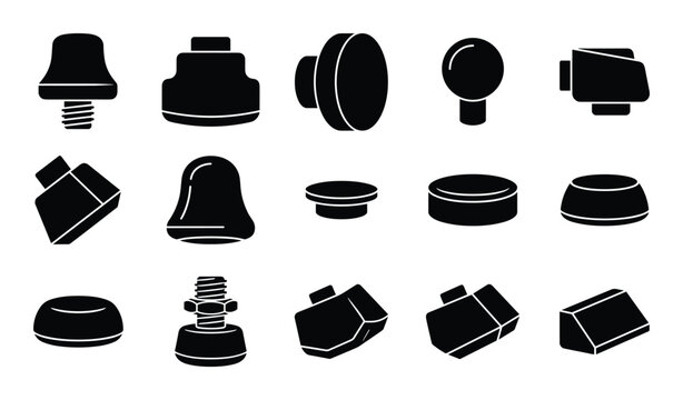 Collection of black knobs and connectors on transparent background