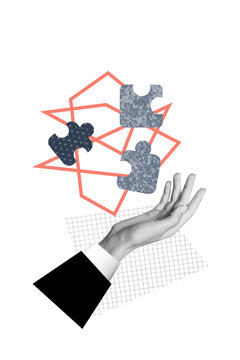 Exclusive vertical photo collage of business hand show puzzle piece strategy solution development flash jigsaw segment match