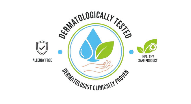 Dermatologically tested label featuring a blue water drop, green leaf, and hand on a black background, with text
