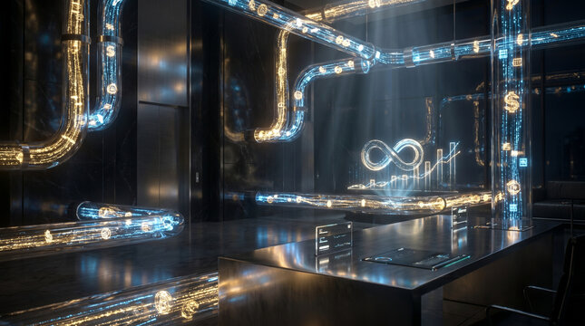 Dark cinematic vision of a conceptual digital infrastructure, glowing conduits signifying endless data and financial value transfer in a futuristic network