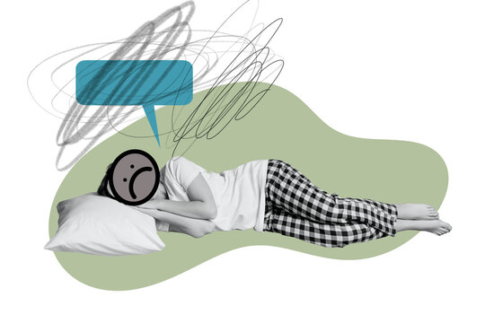 Trend artwork composite sketch image collage of&nbsp;insomnia young sad face emoji headless lady lying down pillow night time sleep speech cloud