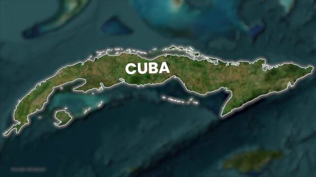 Cuba map zoom, country border animation, satellite terrain background, focused highlight effect, Caribbean country outline, blurred surroundings view, infographic cartography motion