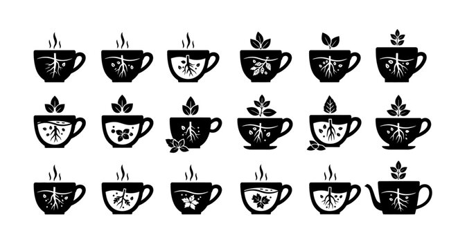 Herbal tea cup icons with root system and leaves growing inside glass mug silhouette set for healthy organic beverage branding and holistic medicine graphics