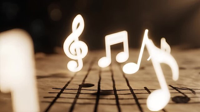 Abstract Musical Notes Floating Over Sheet Music Background.