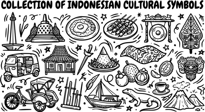 Indonesian Culture and Travel Doodle Set: Hand-drawn Black and White Line Art Symbols, Landmarks, Food, and Icons Collection