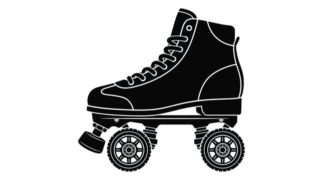 Black and white graphic illustration of a classic retro roller skate for leisure activity sport use