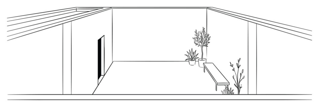 Interior space with plants and bench line drawing