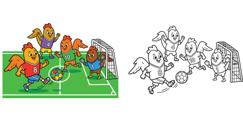 Fototapeta premium Cute Chicken Soccer Team Playing on Field Vector Illustration with Black and White Line Art for Kids Educational Coloring Book Page