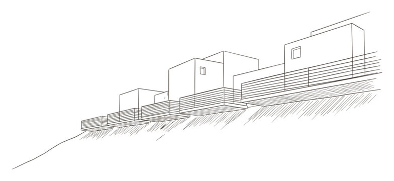 Linear perspective sketch of modern cubic houses on hillside