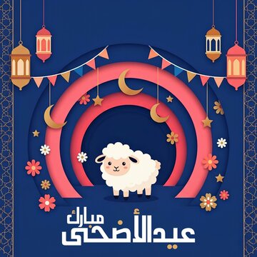Eid ul Adha Mubarak Arabic Urdu Text Cute Sheep Blue Festive Background | Bakra Eid 2025 Greeting