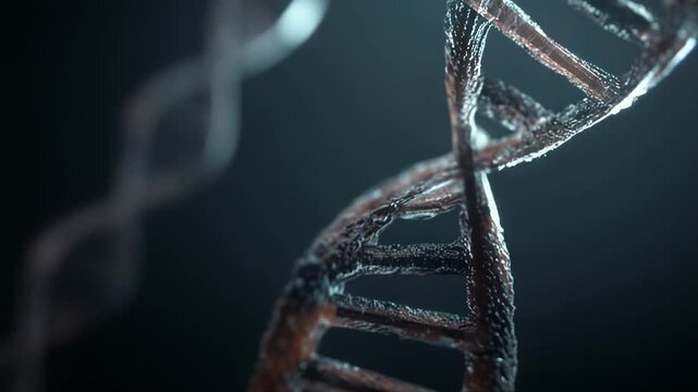 Dna double helix spiral representing genetic code and molecular structure, concept of biotechnology, biochemistry and medical research with detailed strands on a dark background