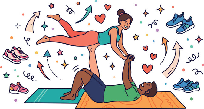 Happy couple doing partner acro yoga exercise in flat doodle style
