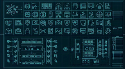 Fototapeta premium AI Infrastructure Cybersecurity Layer CAD Icon Pack Blueprint Vector with Data Services and AI Platform Architecture
