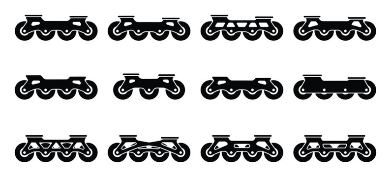 Set of black roller skate wheels with different frames and styles