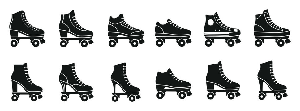 Set of black roller skates with different styles for recreation