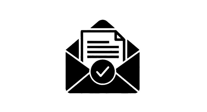 Minimal black silhouette icon, simple flat vector, bold black shape, no, no shading email icon with check mark symbol, verified message or confirmed delivery sign on a, flat icon style