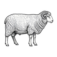Vintage Sheep Illustration - Ram with Curly Horns, Livestock Drawing © muse