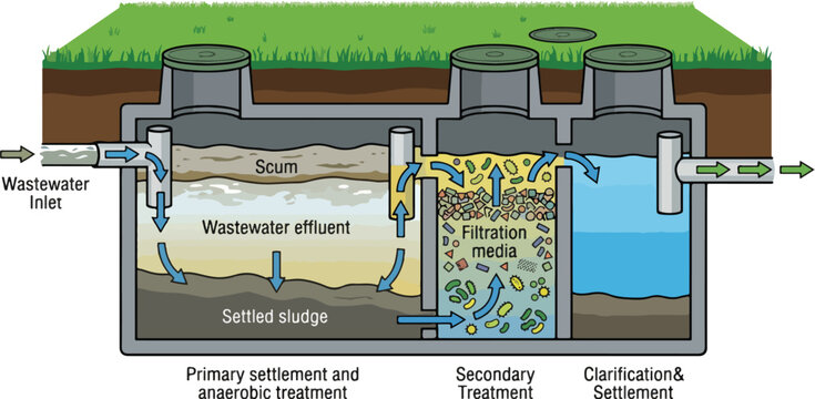 Wastewater treatment plant diagram showing flow through primary settlement, secondary treatment, and clarification