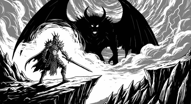 Epic dark fantasy battle: Armored warrior confronts a colossal winged horned demon creature on a cliff edge.