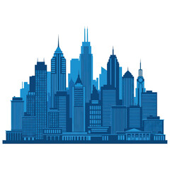Fototapeta premium Modern Blue Cityscape Skyline Silhouette with Tall Skyscrapers and Buildings