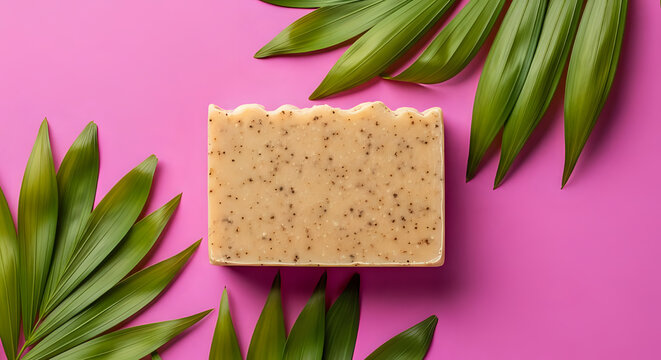 Handmade bar of soap with visible exfoliating particles surrounded by green palm leaves, self care