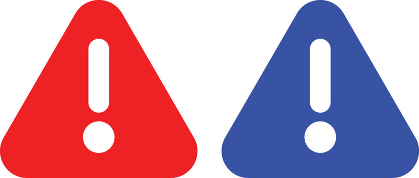 Minimal Warning Triangle Icon Set with Exclamation Mark in Red and Blue