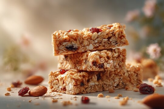 Nutritious homemade oat and dried fruit snack bars stacked with almonds and cranberries scattered on a rustic surface for healthy eating and energy boosts