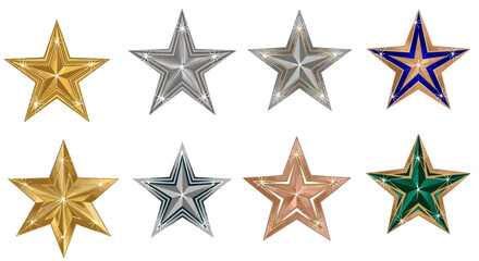Obraz premium Collection of Glittering Stars: Gold, Silver, Bronze, Blue, Green on White Background