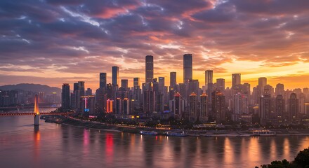 Fototapeta premium Chongqing Skyline at Dusk: River Reflections and Towering Skyscrapers under a Dramatic Sky