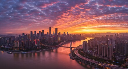 Fototapeta premium Chongqing cityscape at sunrise with vibrant orange and purple sky over Jialing River