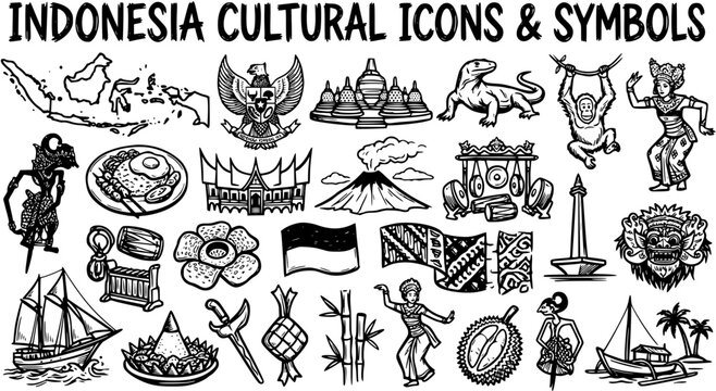 Hand-Drawn Line Art Doodle Collection of Indonesia's Cultural Icons and National Symbols. Traditional heritage elements for travel, tourism  identity design.