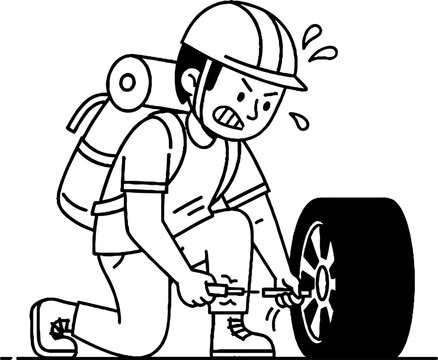 Cartoon Man Struggling to Change Flat Tire Outdoors.