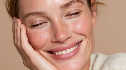 Obraz premium A beauty portrait of a woman smiling with her hand on her cheek. A skincare image showcasing her clear, beautiful skin and natural makeup. Stock Illustration