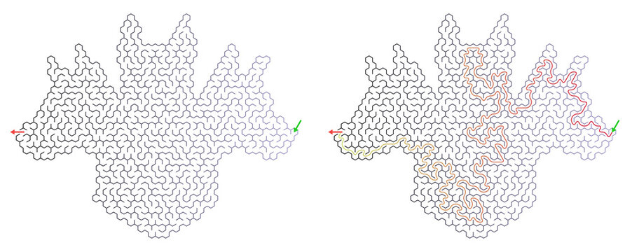 Hexagonal maze puzzle game in the shape of a mythical three-headed dog. Unsolved and solved labyrinth grid with gradient path