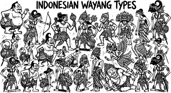 Indonesian Wayang Types Black and White Line Art Illustration - Cultural Tradition