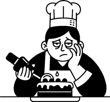 Sad cartoon chef with burnt cake and hairdryer.