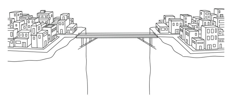 Towns connected by bridge over deep canyon gap illustration