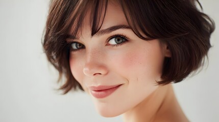 Fototapeta premium A transparent and natural beauty portrait of a young woman gazing with her head tilted in front of a light blue background. Stock Illustration
