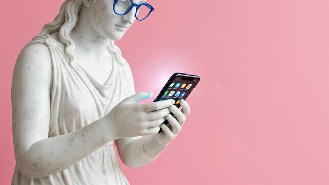 White sculpture of Aphrodite wearing blue glasses looking into a smartphone on a pink background, playful pop culture concept, bold studio styling, surreal art mood, strong copy space, natural light,