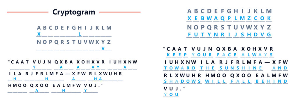 Cryptogram example with encoded message and decoding key displayed  