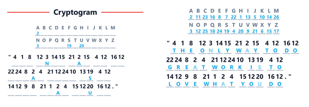 Cryptogram with letter substitution and coded messages on white background  