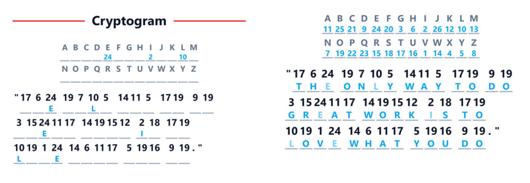 Cryptogram illustration with letter substitution and code key  