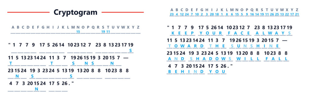 Cryptogram puzzle with decoded letters and symbols on white background  