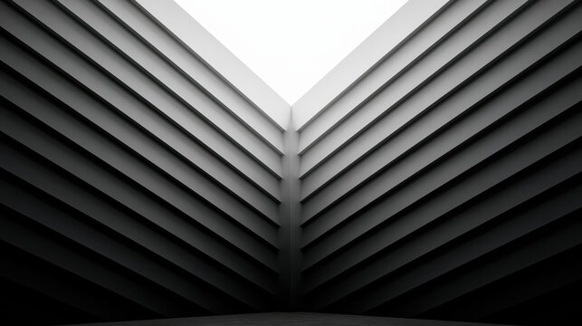 Minimalist architectural space showcasing abstract geometry with parallel lines creating a strong v shape, demonstrating visual depth through light and shadow in a monochrome palette